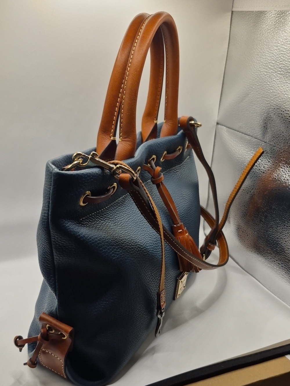Dooney & Bourke Deep TEAL Pebble Leather Drawstring Satchel PURSE with Tan Trim - Picture 3 of 11
